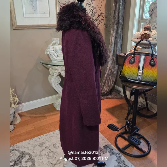 Guess Burgundy Purple Wool Blend Coat with Faux Mongolian Fur Trim Designer #679